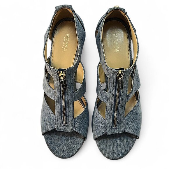 Michael Kors Blue Cork Wedge Sandal Platform Zip Back Washed Denim Size 9.5M - Picture 3 of 8